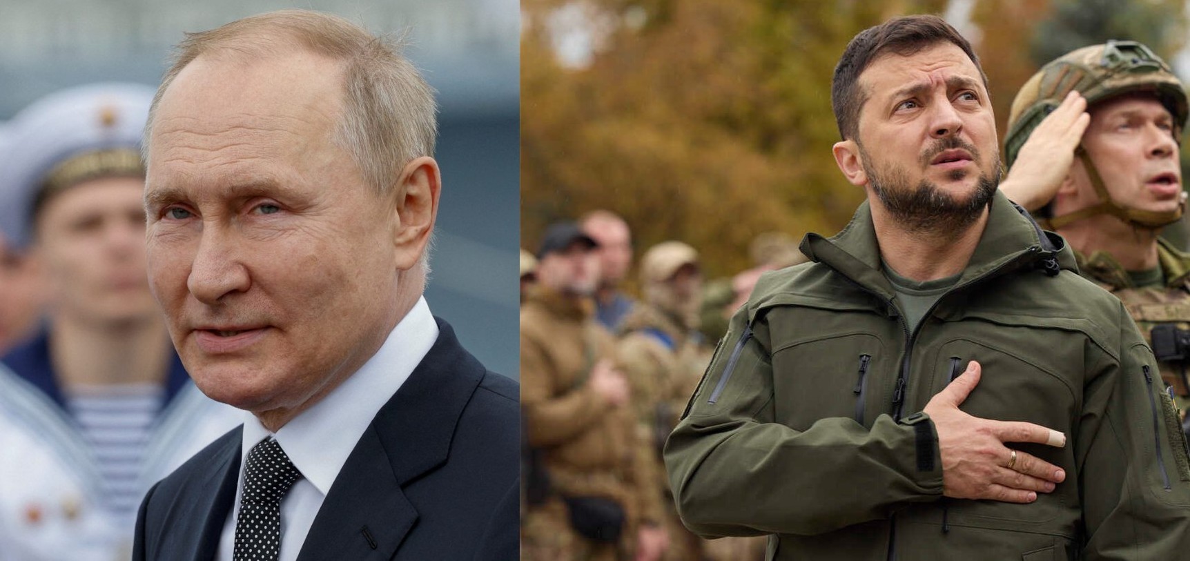 Vladimir Putin and Volodymyr Zelenskyy in contrasting moments during Ukraine-Russia war tensions