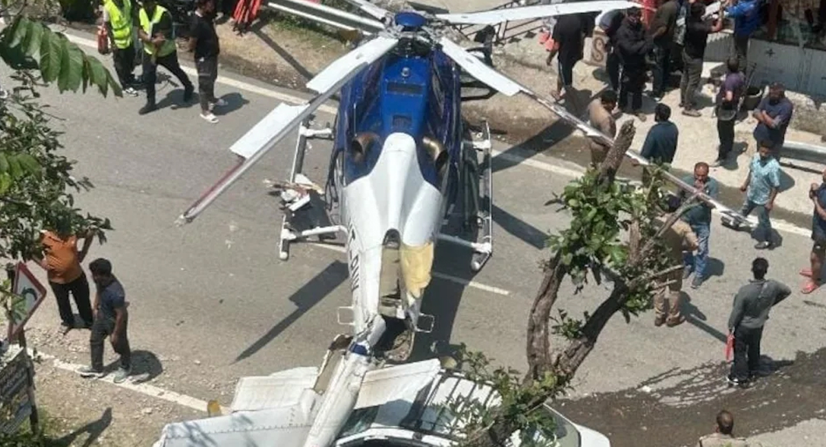 Helicopter wreckage in forested area of Uttarakhand after crash near Kedarnath