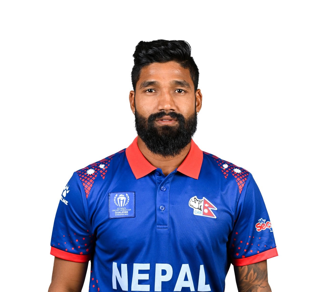 Dipendra Singh Airee in Nepal cricket jersey during a national match, looking focused