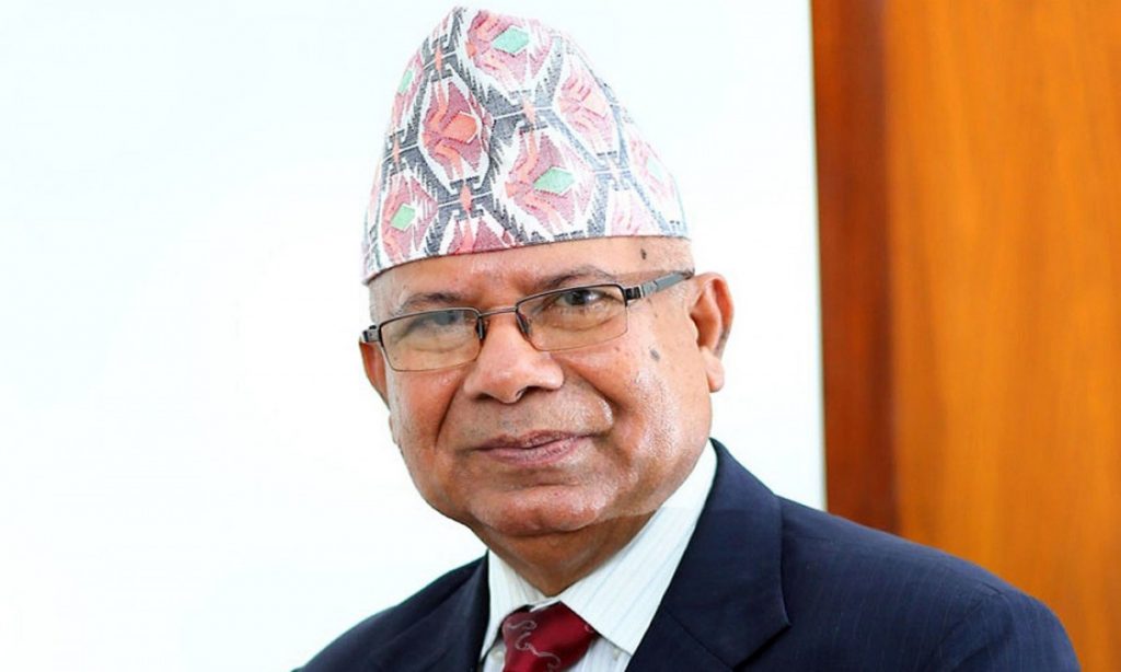 Former Prime Minister Madhav Kumar Nepal addresses party members at CPN (Unified Socialist) office in Kathmandu