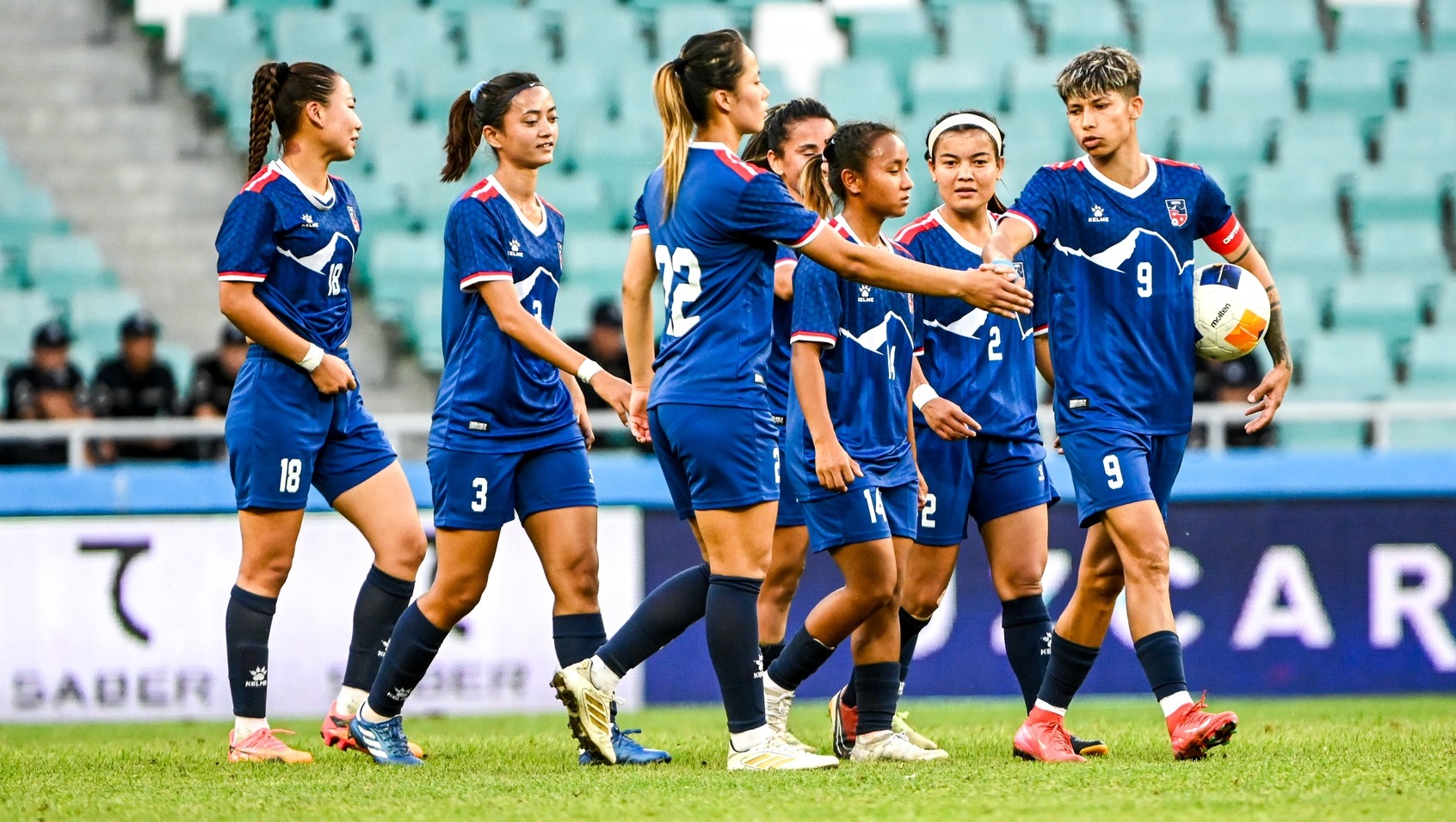 Nepal women’s football team players during a match at the AFC Women’s Asian Cup 2026 Qualifiers in Uzbekistan