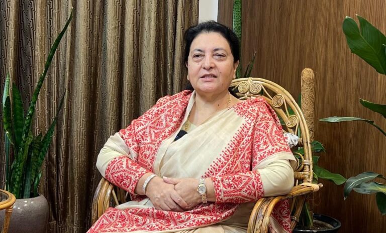 Former President Bidya Devi Bhandari meeting CPN-UML cadres during her Biratnagar visit amid party rift.