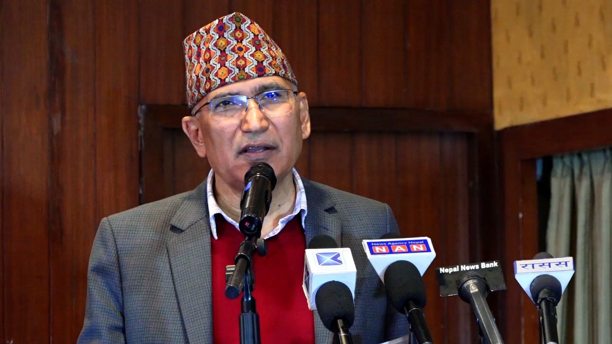 Finance Minister Vishnu Prasad Paudel speaking at the inauguration of NAIMA Nepal Mobility Expo 2025 in Kathmandu, announcing a new international-standard exhibition hall project at Bhrikutimandap.