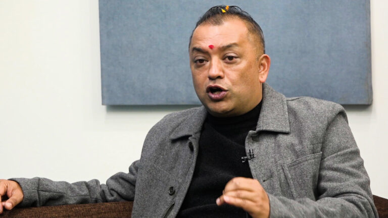 Nepali Congress General Secretary Gagan Kumar Thapa speaking at a program in Kathmandu about timely elections in Nepal