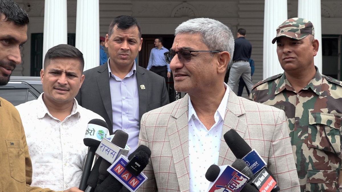 Home Minister Ramesh Lekhak speaking to reporters after a legislative committee meeting at the Prime Minister’s Office in Singha Durbar, discussing amendments to polygamy and marriage laws.