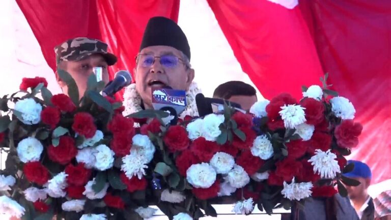 Speaker Dev Raj Ghimire speaking at an event in Lalitpur on the need to review Nepal’s federalism after ten years.