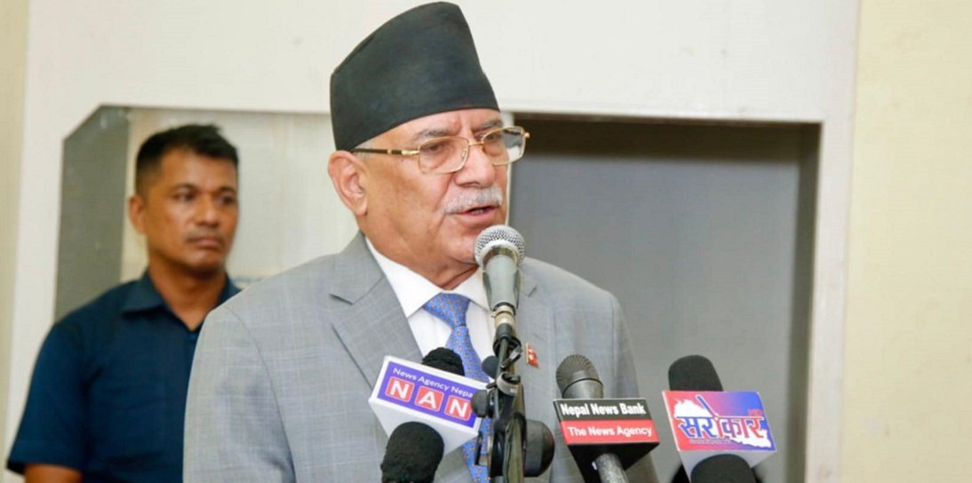 Pushpa Kamal Dahal Prachanda speaking at the 23rd Bottley Memorial Day event at CPN Maoist Centre headquarters in Parisdanda, Kathmandu, Nepal.