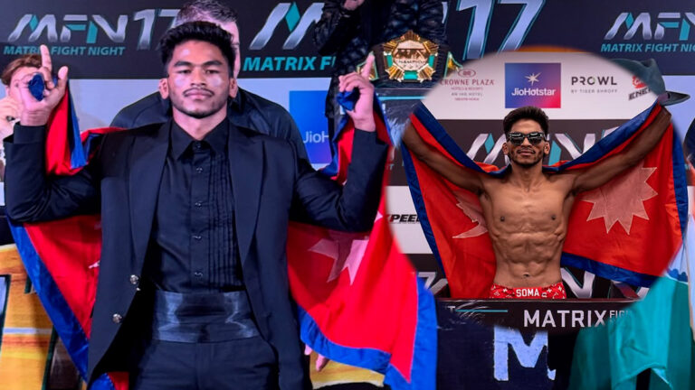 Rabindra Dhant holding Nepal flag after winning MFN 17 Bantamweight Championship title