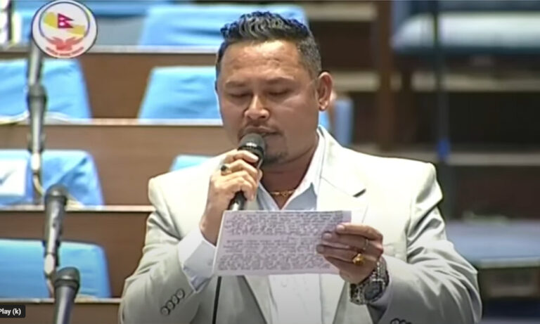 Rastriya Swatantra Party lawmaker Shiva Nepali addressing Parliament, accusing the government of politically targeting Deputy Speaker Indira Rana Magar.