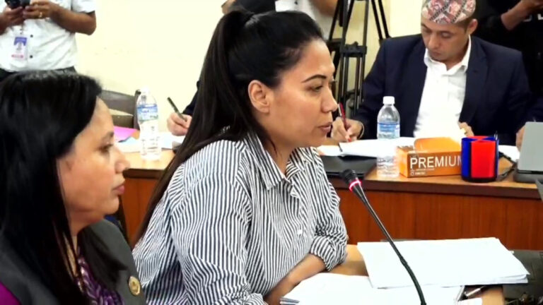 Nepal lawmaker Sumana Shrestha speaking at the Education, Health and Information Technology Committee meeting in Singha Durbar, calling for a ban on school and university closures in the Education Bill.