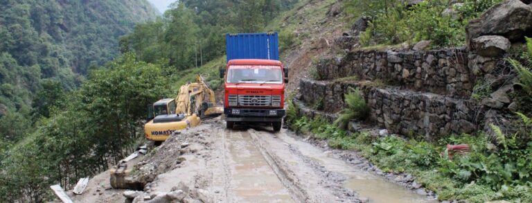 Landslide blocks Araniko Highway, closing Tatopani border and leaving containers stranded in Sindhupalchok, Nepal.