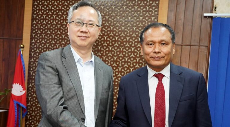Kulman Ghising meets Chinese Ambassador Chen Song at Singha Durbar in Kathmandu to discuss roads and energy cooperation