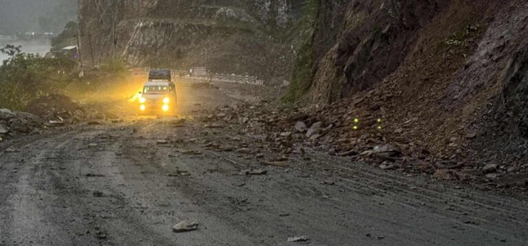 Road clearance work at Tuin Khola on the Narayangadh–Muglin highway after repeated landslides