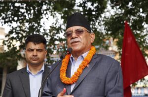 Prachanda addressing a program in Palungtar, Gorkha, highlighting political renewal and development projects.