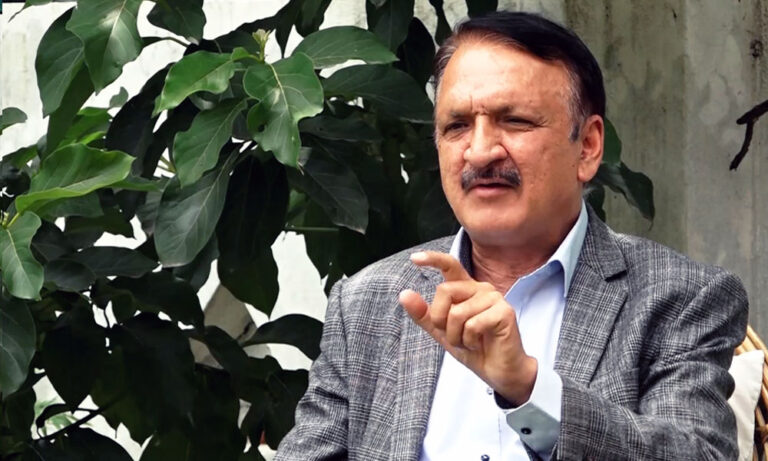 Nepali Congress spokesperson Prakash Sharan Mahat addressing a press conference after the attack on party president Sher Bahadur Deuba.