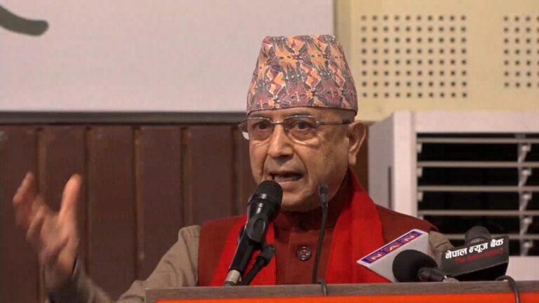 Nepali Congress Vice President Purna Bahadur Khadka speaking at a press conference in Birendranagar about the Gen-Z movement conspiracy.