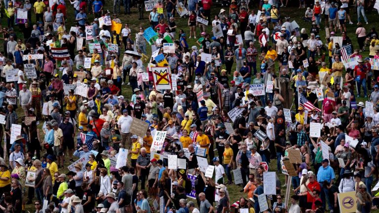 Protesters holding “No Kings” banners during nationwide demonstrations against President Donald Trump’s policies in Washington, D.C.