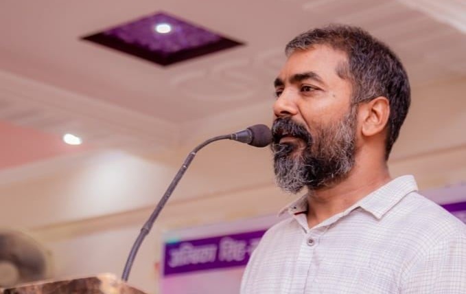 CPN (UML) Central Committee member Arbind Singh speaking during the party meeting in Kathmandu, criticizing leadership over parliament restoration and accountability.