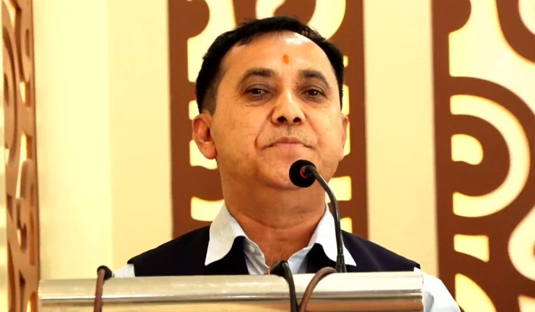 Bishwo Prakash Sharma addressing party members in Kathmandu, urging Nepali Congress supporters to sign for the special convention before October 10.