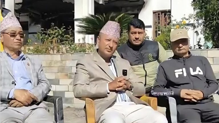 Former Energy Minister Deepak Khadka speaking to journalists at his Budhanilkantha residence after the Bhadra 24 unrest.