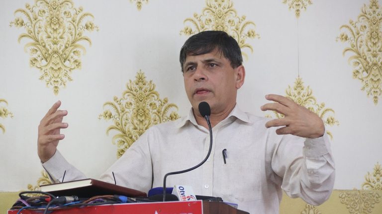 Ghanashyam Bhusal, General Secretary of CPN (Unified Socialist), addressing the party’s Central Committee meeting in Kathmandu.