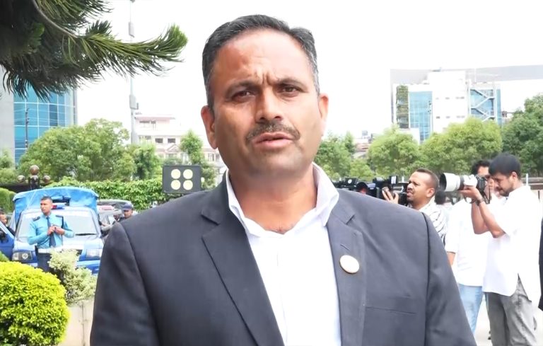 Maoist Centre leader Lekhnath Dahal Rajan addresses the media in Kathmandu after questioning Netra Bikram Chand Biplav over party registration and unity issues.