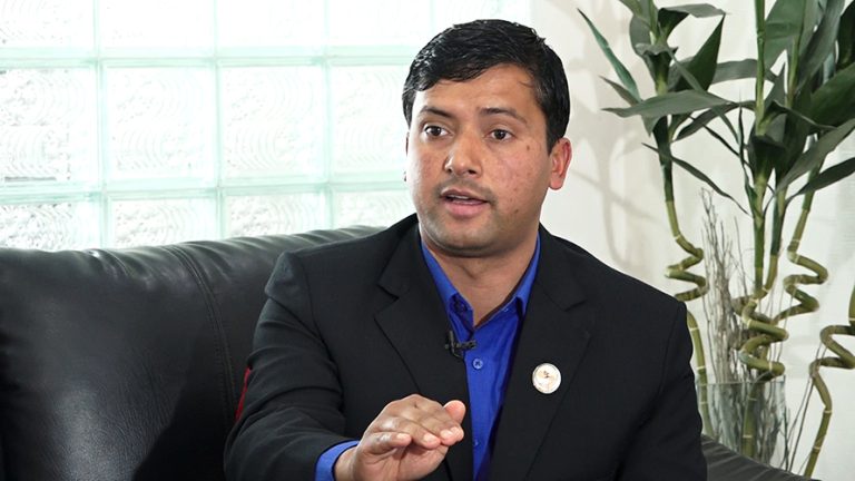 Mahesh Bartual addressing a press meeting in Kathmandu, criticizing Nepal’s government for using fear to delay elections.