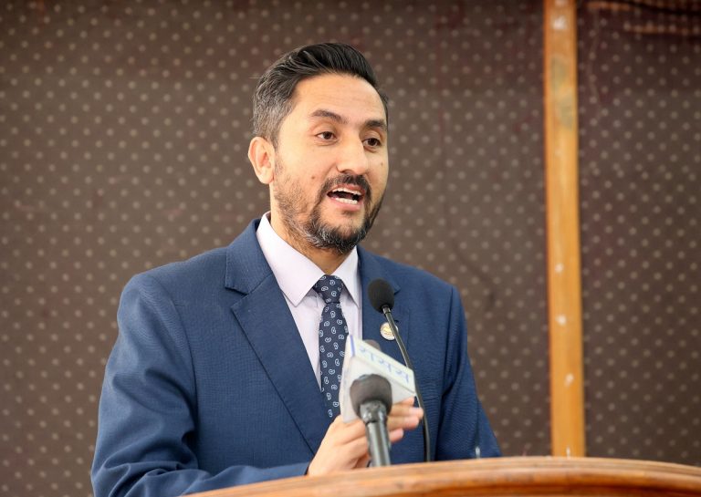 Minister Jagdish Kharel speaking during his visit to the National News Agency (RSS) office in Bhadrakali, Kathmandu, Nepal.