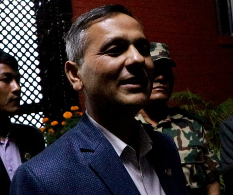 Home Minister Om Prakash Aryal speaking to journalists at Singha Durbar about the Giribandhu Tea Estate land case.