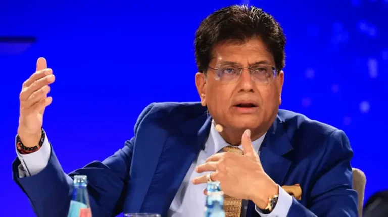 Piyush Goyal speaking at an international trade conference in Germany, emphasizing India’s independent trade policy amid U.S. pressure.