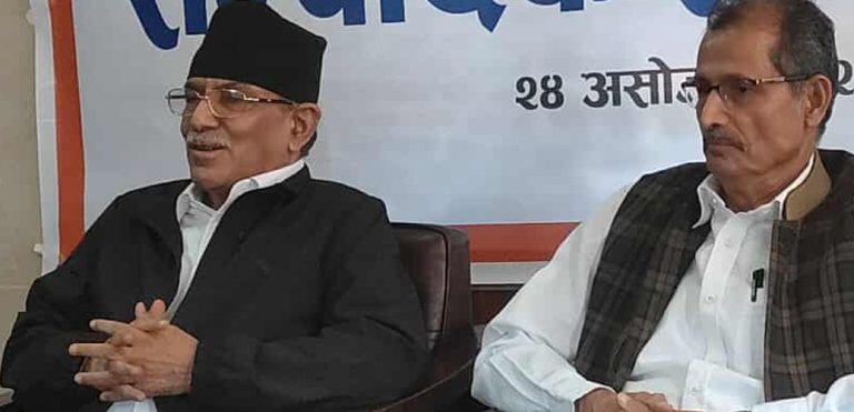 Prachanda addressing journalists in Lalitpur during a media interaction on political instability and anti-corruption drive in Nepal.