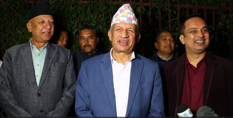 Pradeep Gyawali addressing media after UML Secretariat meeting in Kathmandu on government’s decision to withdraw leaders’ security.