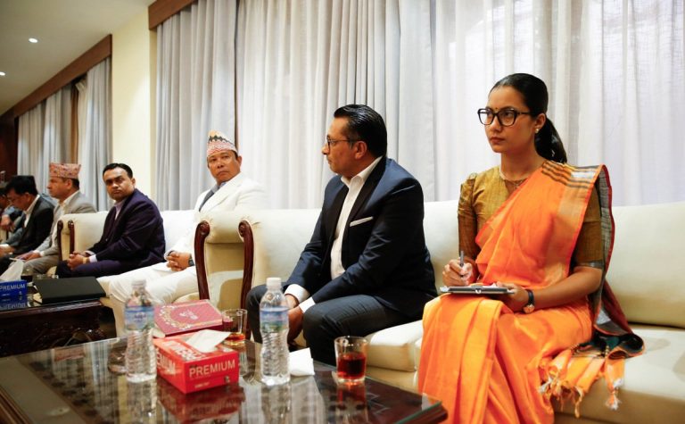 Rastriya Swatantra Party leaders Swarnim Wagle and Sobita Gautam attend an all-party meeting in Baluwatar, Kathmandu, calling for a fresh mandate and accountable governance.