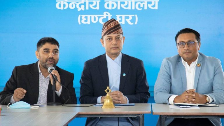 Rastriya Swatantra Party leaders during a press meeting discussing concerns over the Election Commission of Nepal’s poll schedule announcement.