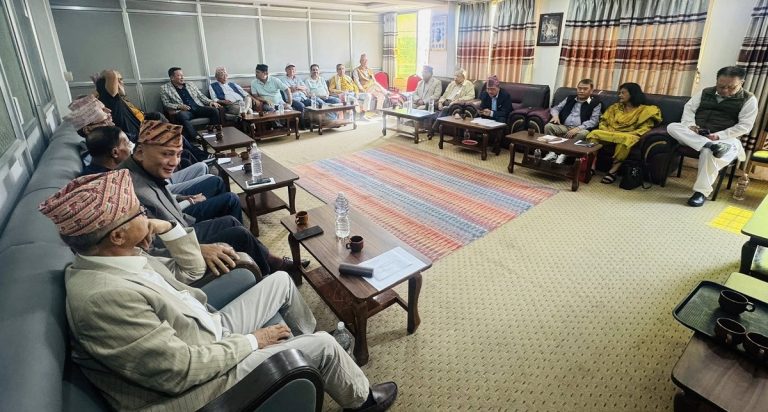 Chairman Rajendra Lingden addressing the Rastriya Prajatantra Party Central Executive Committee meeting at the party office in Dhumbarahi, Kathmandu.