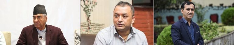Sher Bahadur Deuba with Gagan Thapa and Bishwo Prakash Sharma during Nepali Congress meeting in Sanepa, Kathmandu