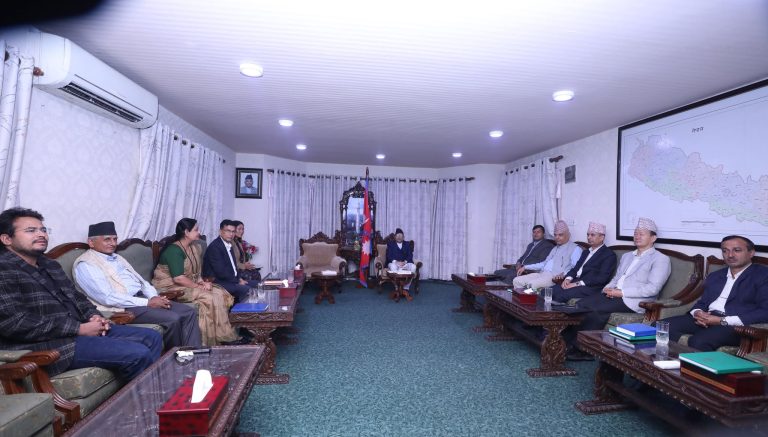 Speaker Dev Raj Ghimire meeting party representatives at Singha Durbar to discuss the dissolution of the House of Representatives in Nepal.