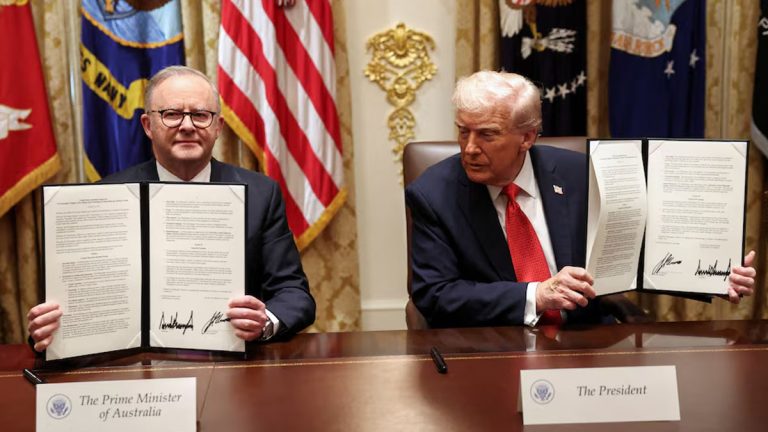 U.S. President Donald Trump and Australian Prime Minister Anthony Albanese sign a $2 billion rare-earth minerals agreement at the White House to counter China’s dominance.
