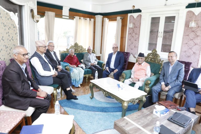 CPN-UML leaders attend the Secretariat meeting at KP Sharma Oli’s residence in Gundu to discuss party restructuring and Parliament reinstatement.