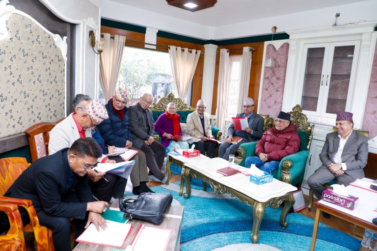 CPN (UML) Chair KP Sharma Oli addresses the party secretariat meeting in Bhaktapur discussing the reinstatement of the House of Representatives.