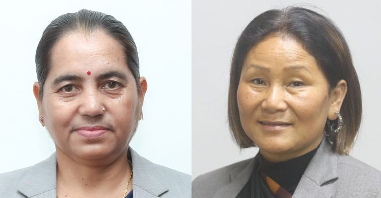 Deputy Speaker Indira Ranamagar and National Assembly Vice Chairperson Bimala Ghimire at the Federal Parliament Building after the government ended lawmakers’ personal secretary facility.