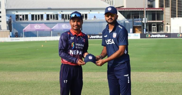 Nepal cricket team players during the ICC Cricket World Cup League 2 match against the USA in Dubai.