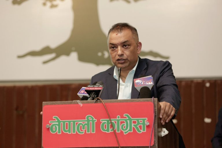 Gagan Thapa speaking in Kathmandu after announcing his bid for Nepali Congress president at the 15th General Convention
