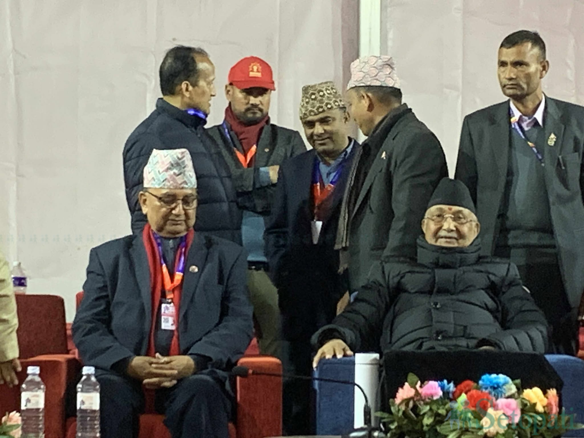 KP Sharma Oli and Ishwar Pokharel at the UML 11th General Convention in Kathmandu during party leadership and central committee elections