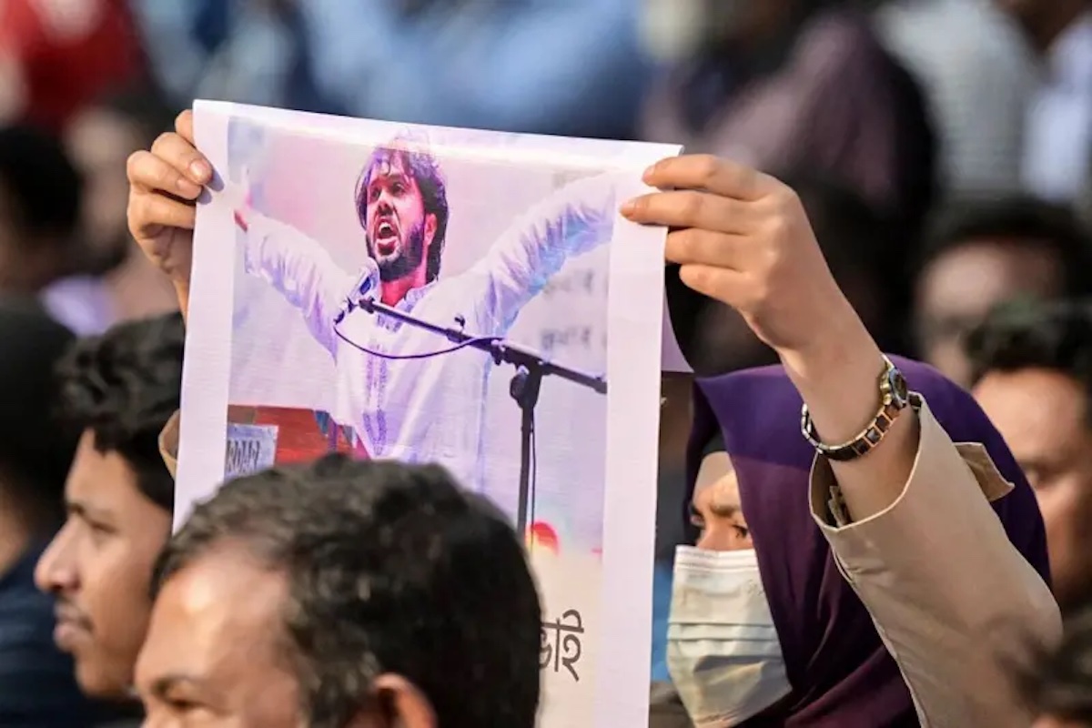 Protesters in Dhaka following the death of student leader Sharif Osman Hadi