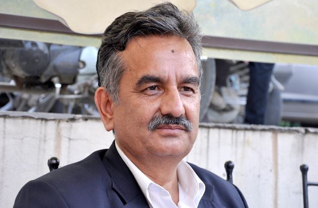 Surendra Pandey speaking to journalists after announcing his candidacy for UML general secretary in Nepal