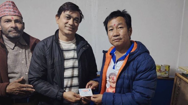 Former RSP lawmaker Dhaka Kumar Shrestha is welcomed by Harka Sampang after joining the Shram Sanskriti Party in Kathmandu.