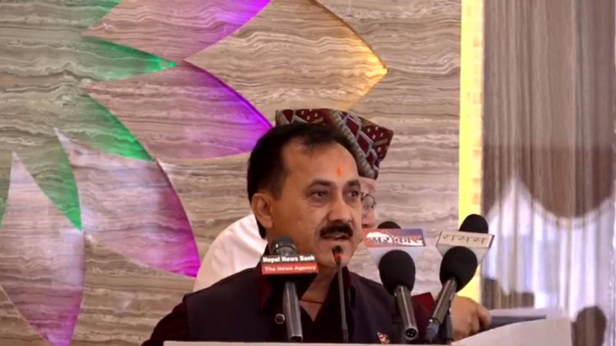 Bishwo Prakash Sharma speaking at a programme in Mid-Baneshwor, Kathmandu