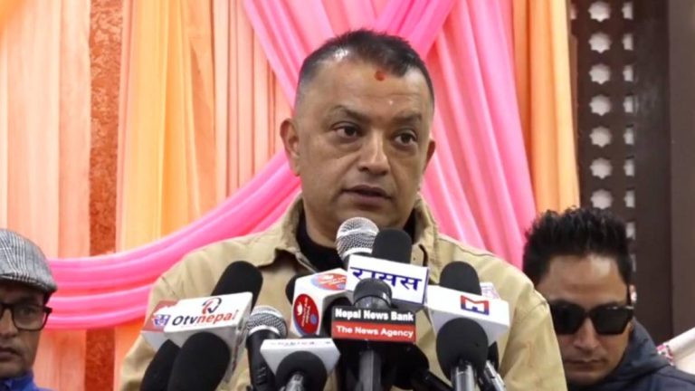 Nepali Congress President Gagan Thapa speaking at a party workers’ interaction program in Kathmandu Constituency No. 4