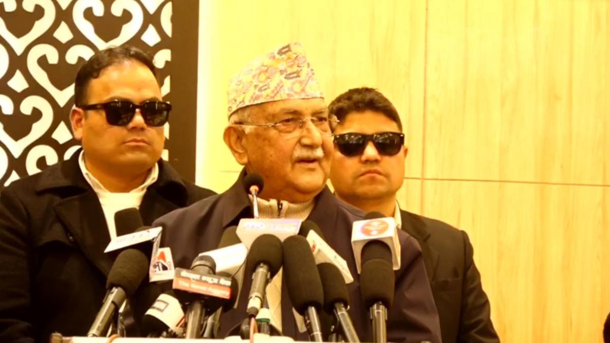 K.P. Sharma Oli speaking at a CPN-UML election-focused gathering in Kathmandu, addressing concerns over the feasibility of the march 5 House of Representatives election in Himalayan regions.